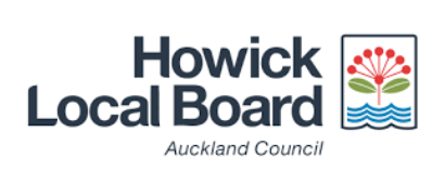 Logo of Howick Local Board, part of Auckland Council, featuring a stylized tree, green leaves, and water waves.
