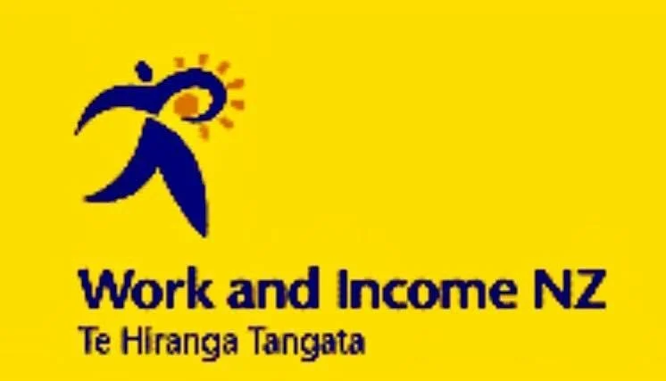 Logo with a stylized person and sun, text reads 'Work and Income NZ' and 'Te Hiranga Tangata' on a yellow background.