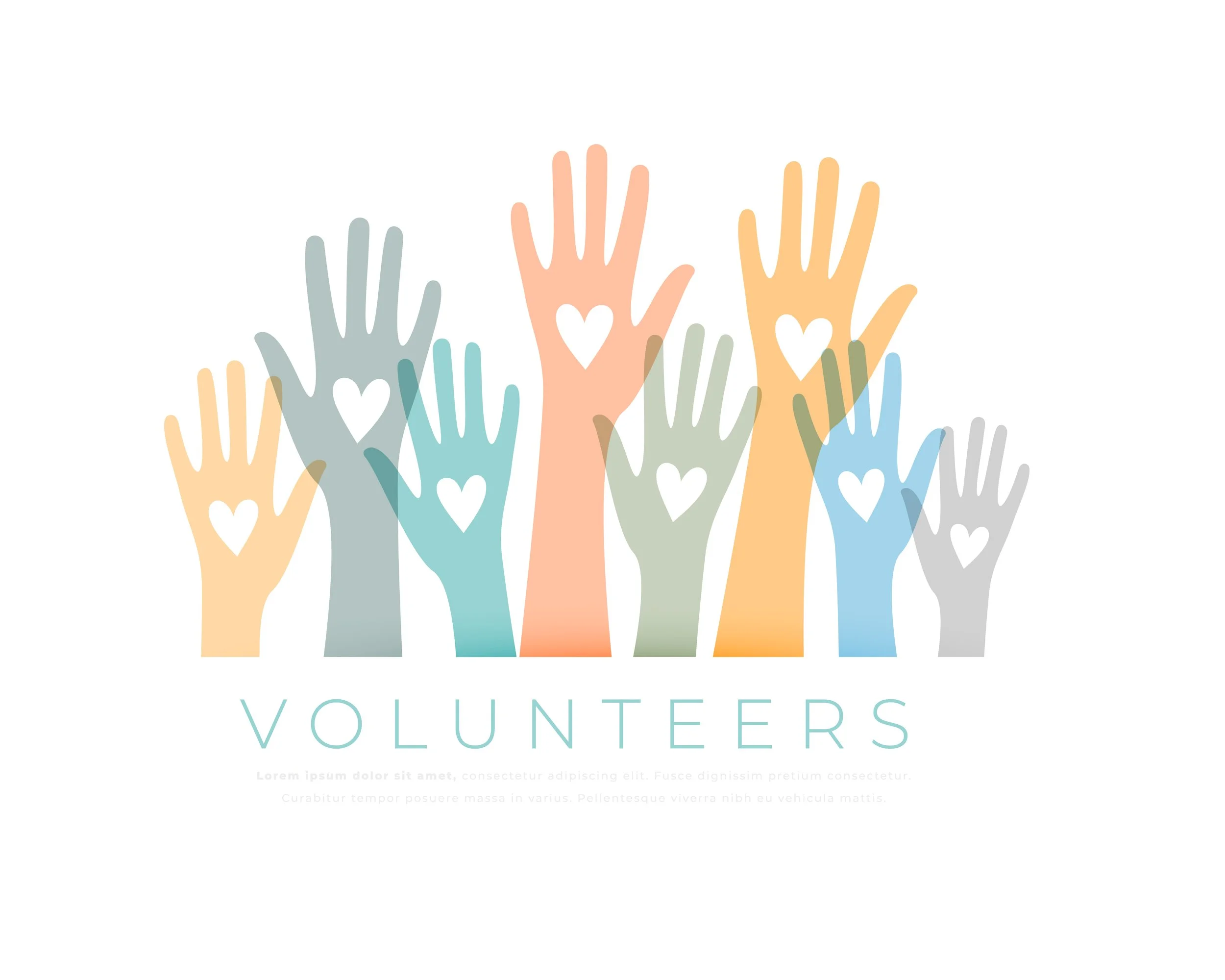 Colorful illustration of multiple raised hands with hearts on palms, representing volunteers.