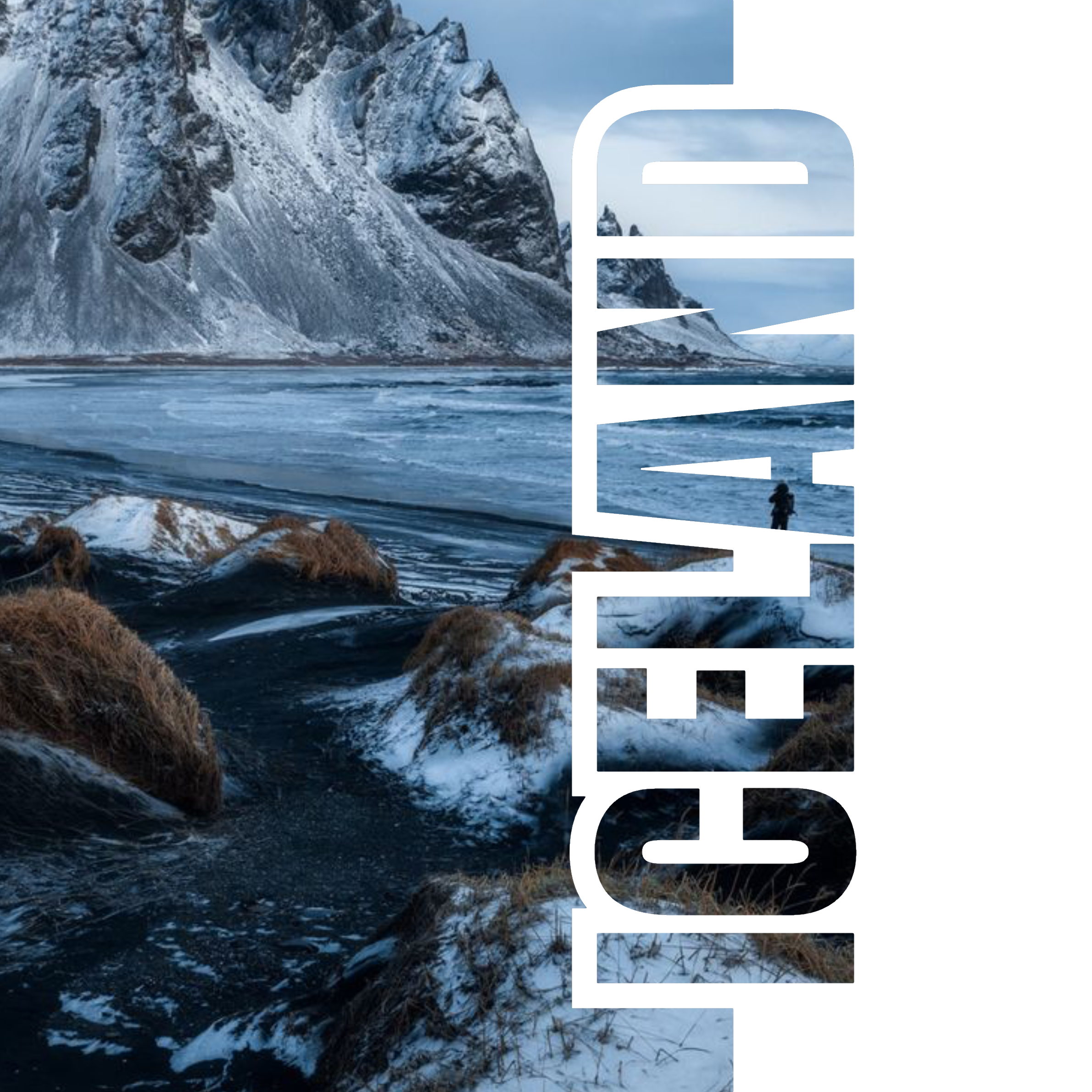 A mountain with snow and ice, a body of water with ice, and a person walking along the shoreline.