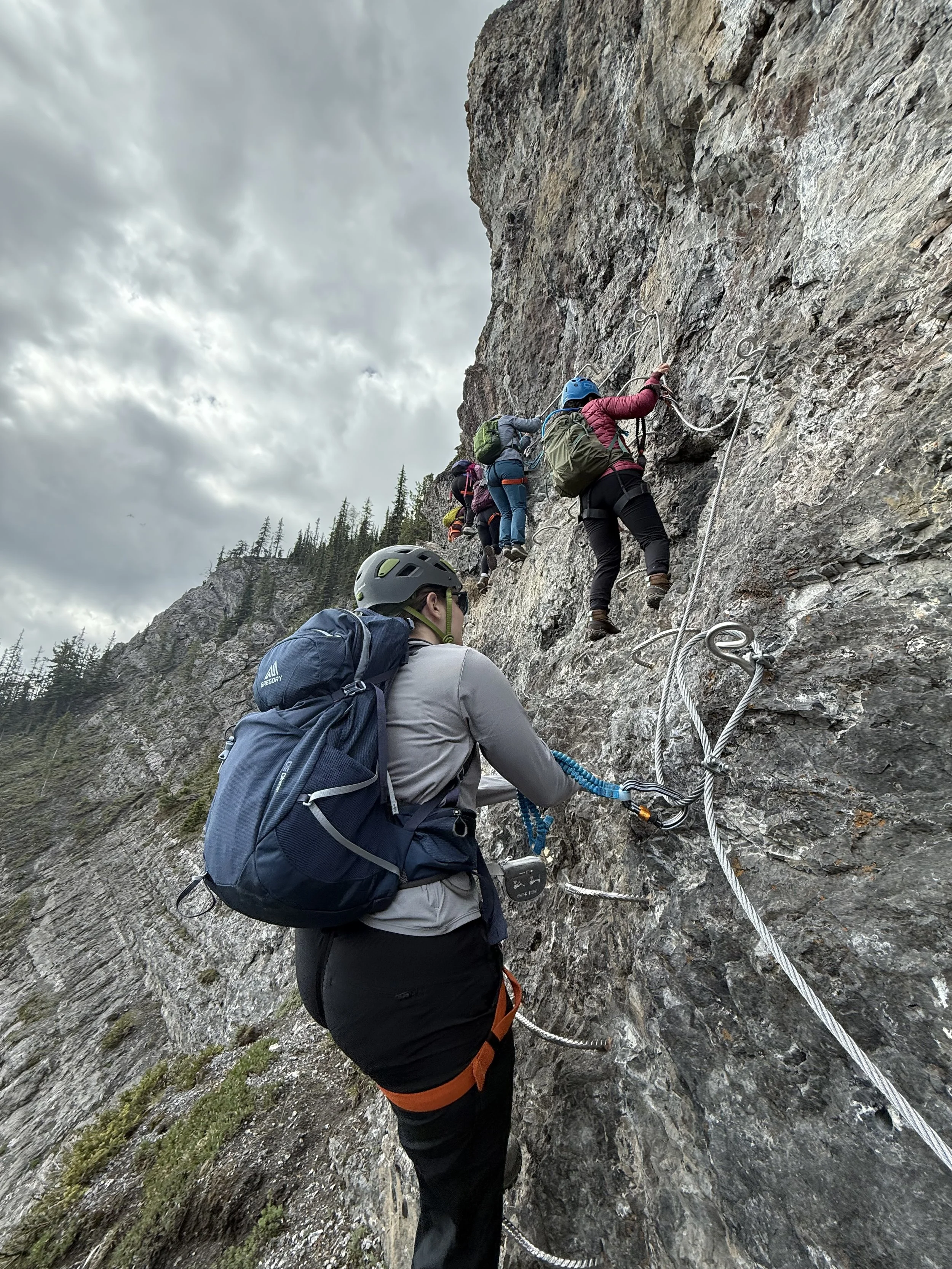 Group of climbers ascending a steep rock face with safety ropes, mountain landscape, cloudy sky.