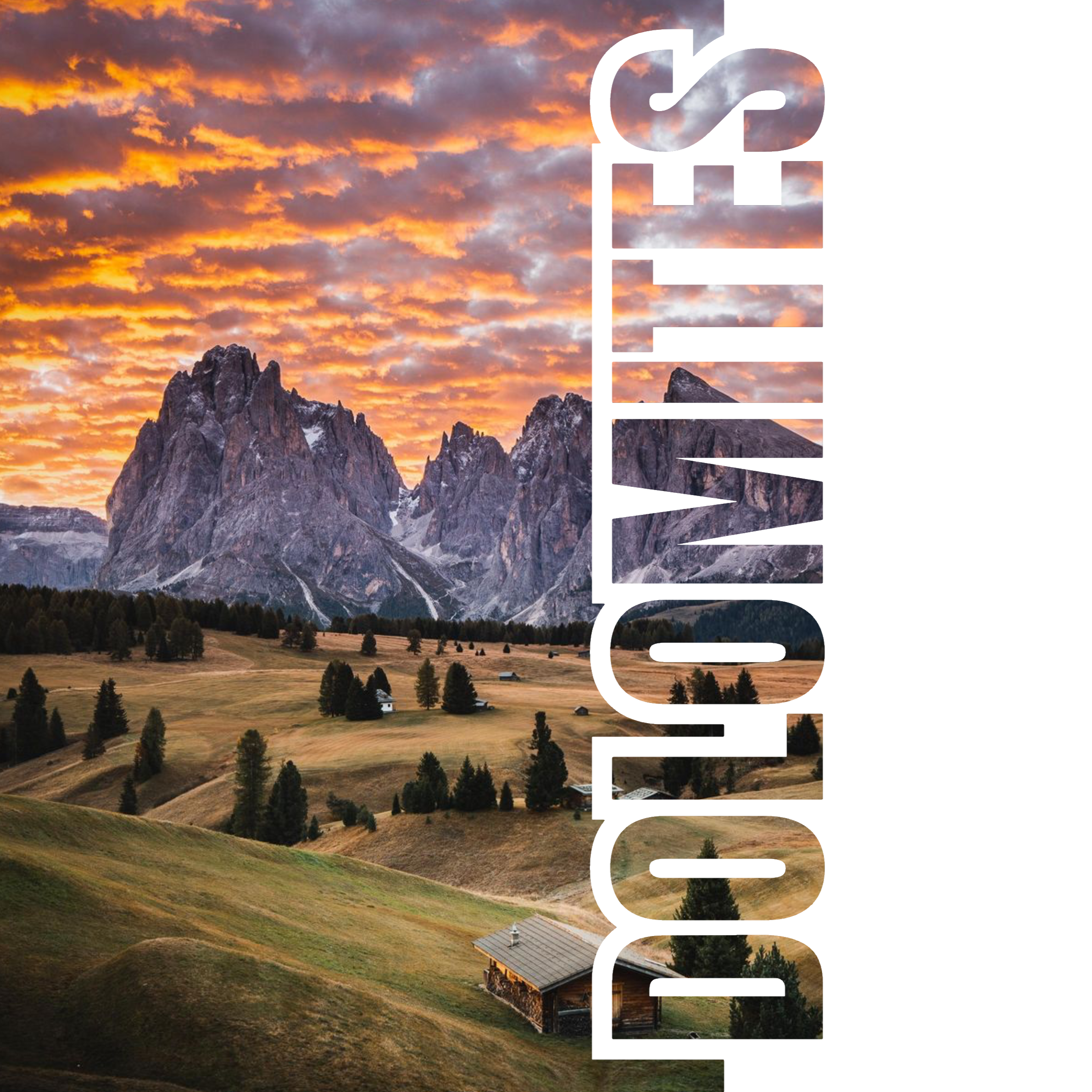 A mountain landscape at sunset with clouds and a colorful sky, featuring a rugged mountain range with rocky peaks and a century-old wooden house at the base surrounded by green and brown fields and scattered trees.