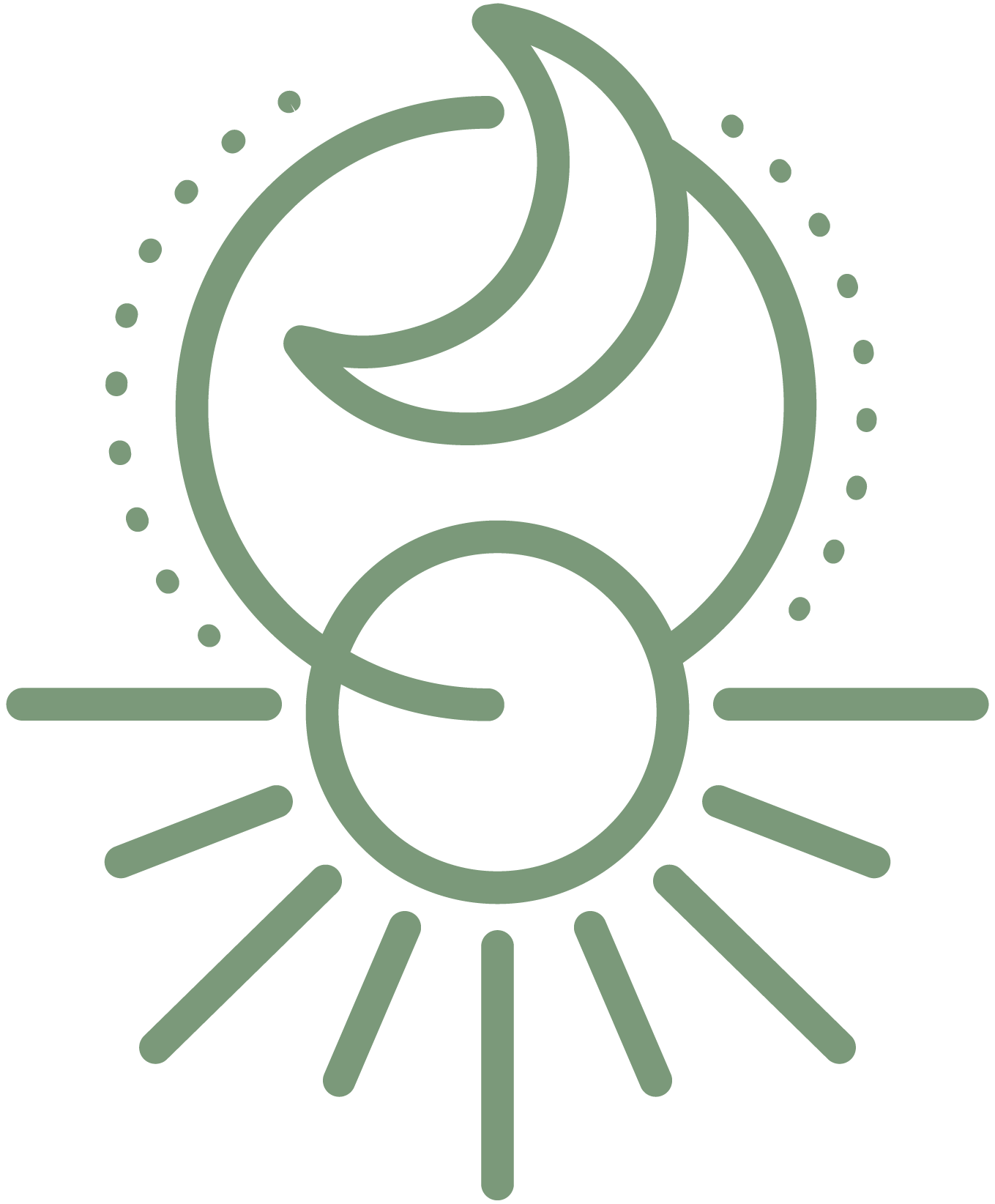 Minimalist line drawing of a stylized plant or flower with circular and linear decorative elements, in a light green color.