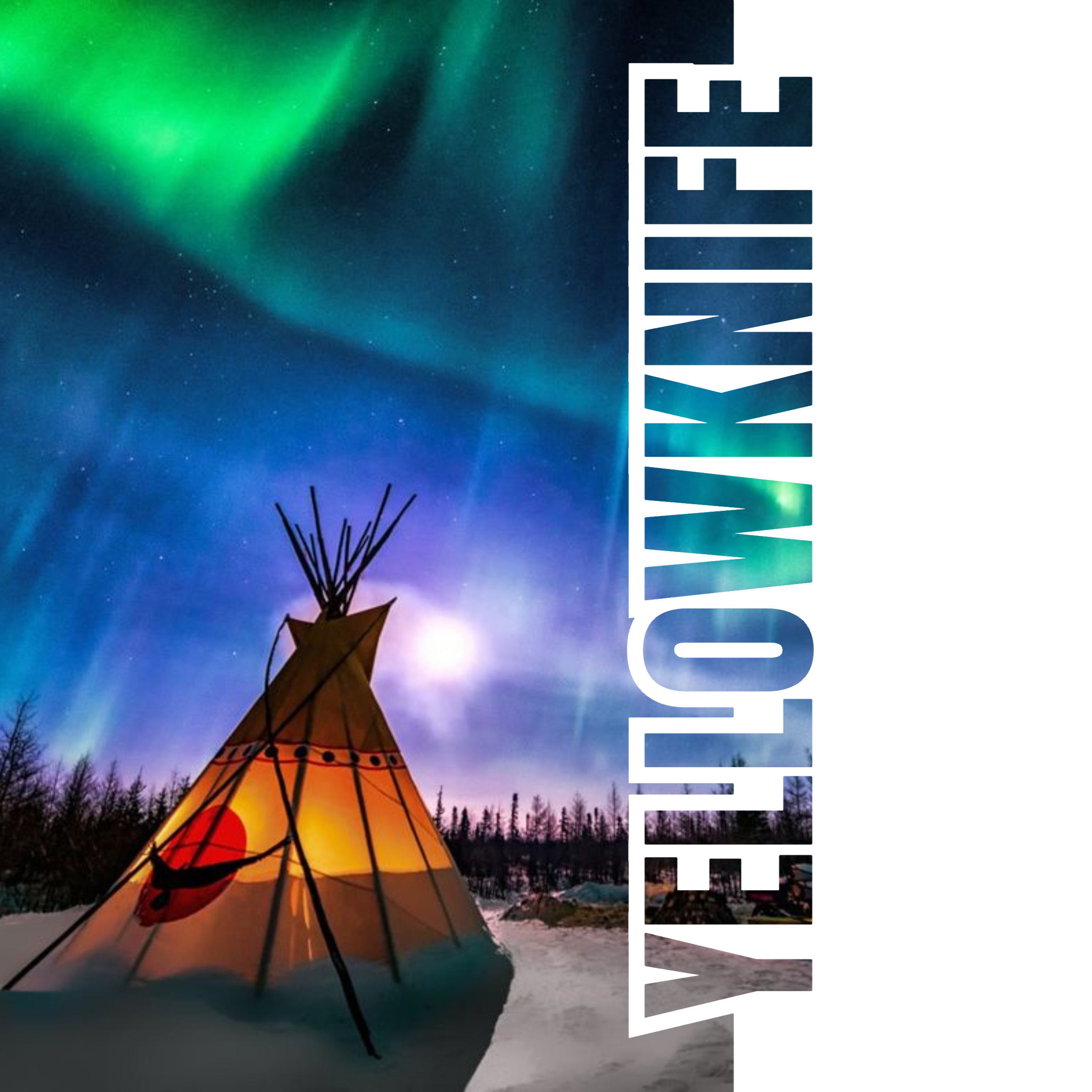 The image shows the Northern Lights (Aurora Borealis) in the night sky above a landscape with a traditional Native American teepee in the foreground, surrounded by trees and snow.