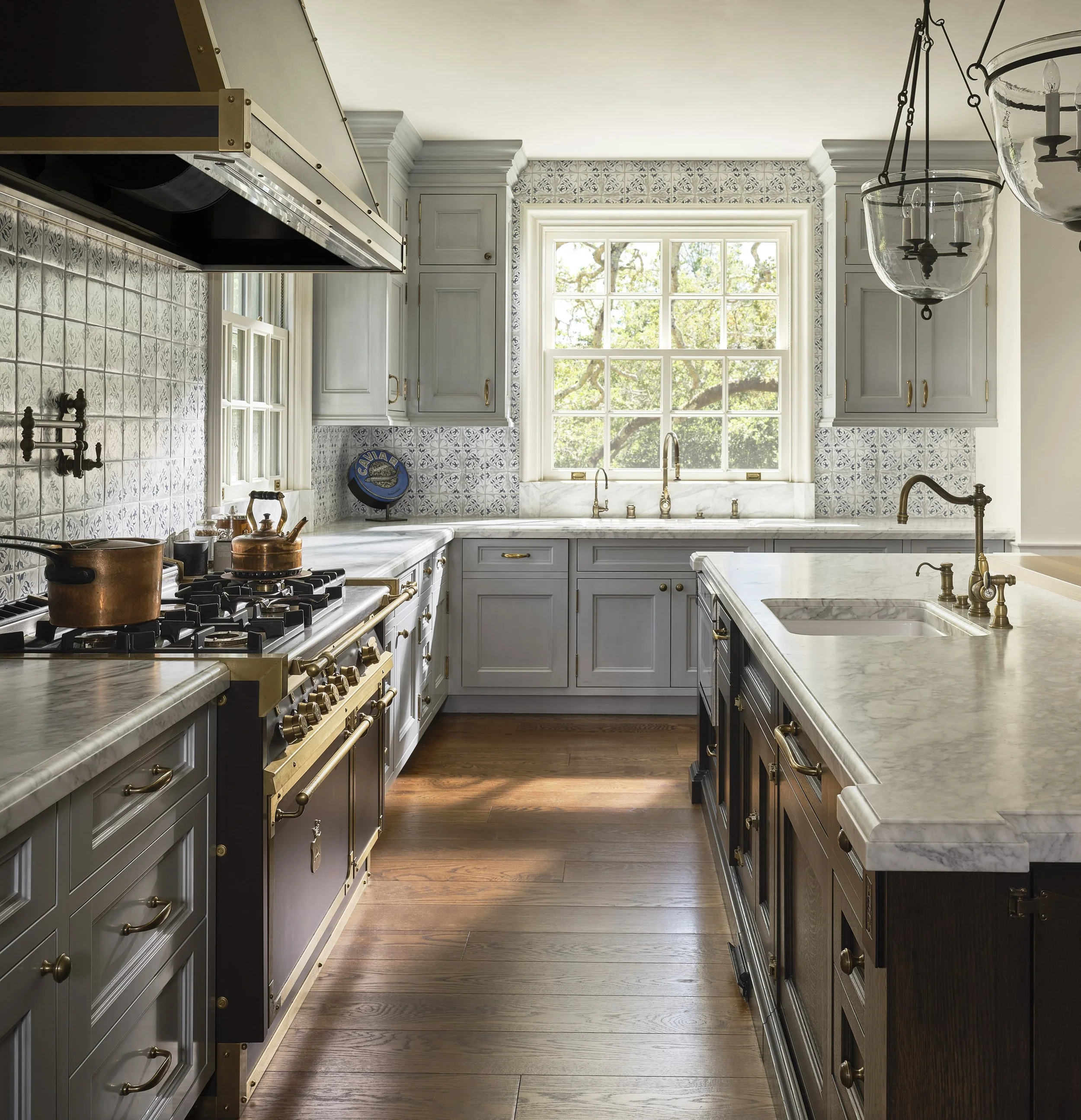 Kitchen with professional range, custom hood, and hardwood floors, Hillsborough Estate