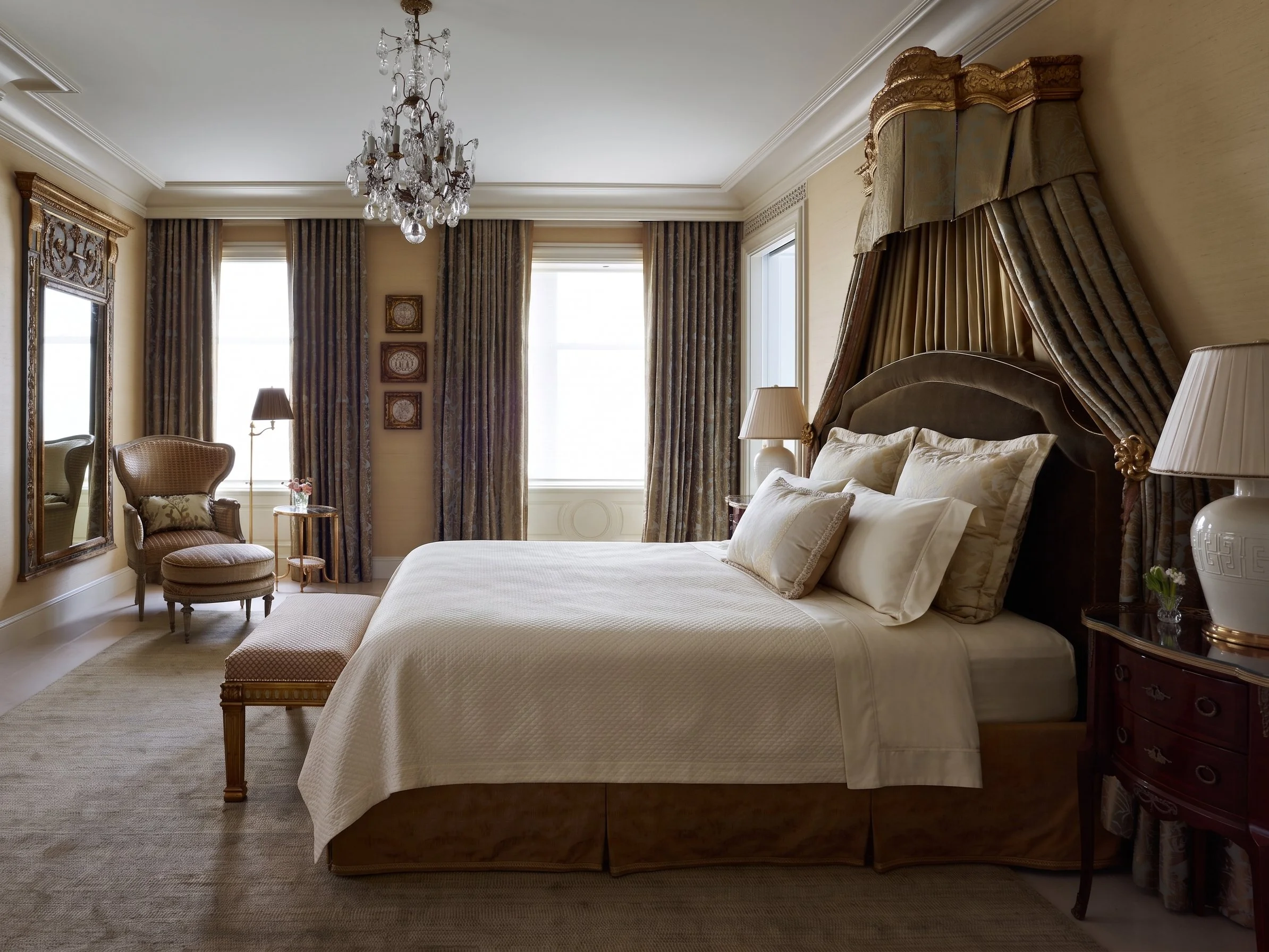 Bedroom with canopy bed, crystal chandelier, and layered drapery, Classic French Apartment