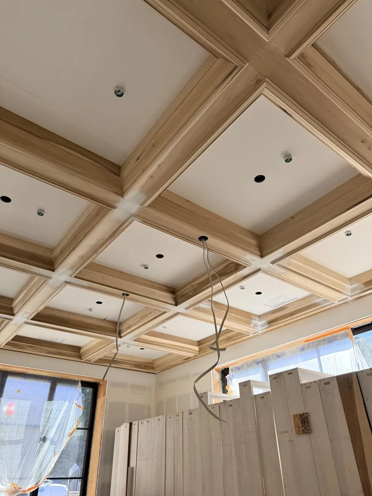 Coffered ceiling framing under construction, project in progress