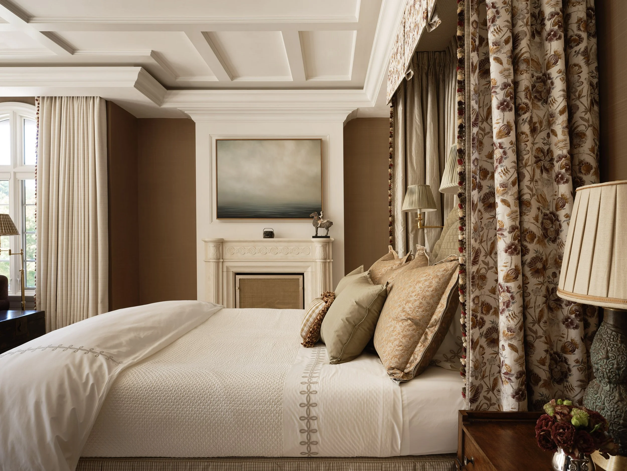 Bedroom with canopy drapery, fireplace, and coffered ceiling, Hillsborough Estate