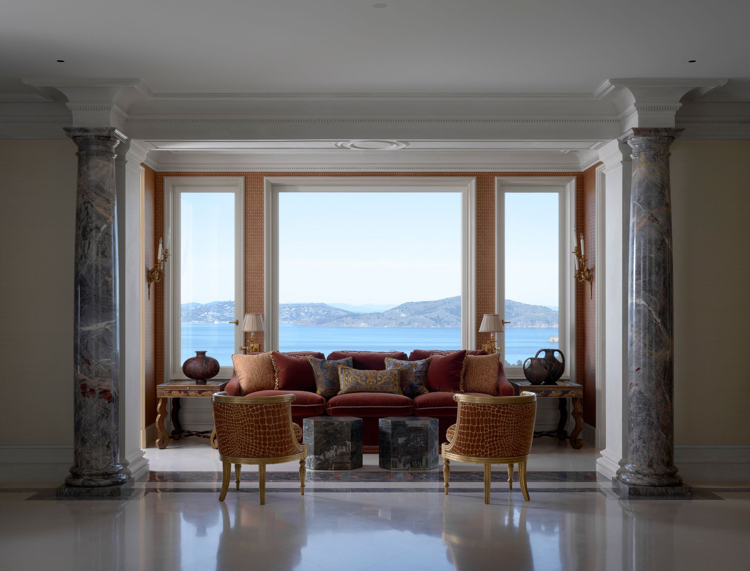 Window alcove with banquette seating and water view, Classic French Apartment