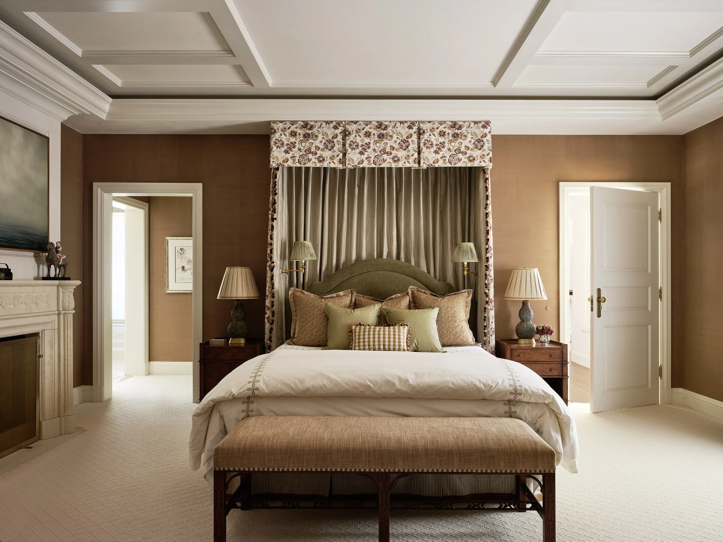 Guest bedroom with canopy bed and floral valance under a coffered ceiling, Hillsborough Estate