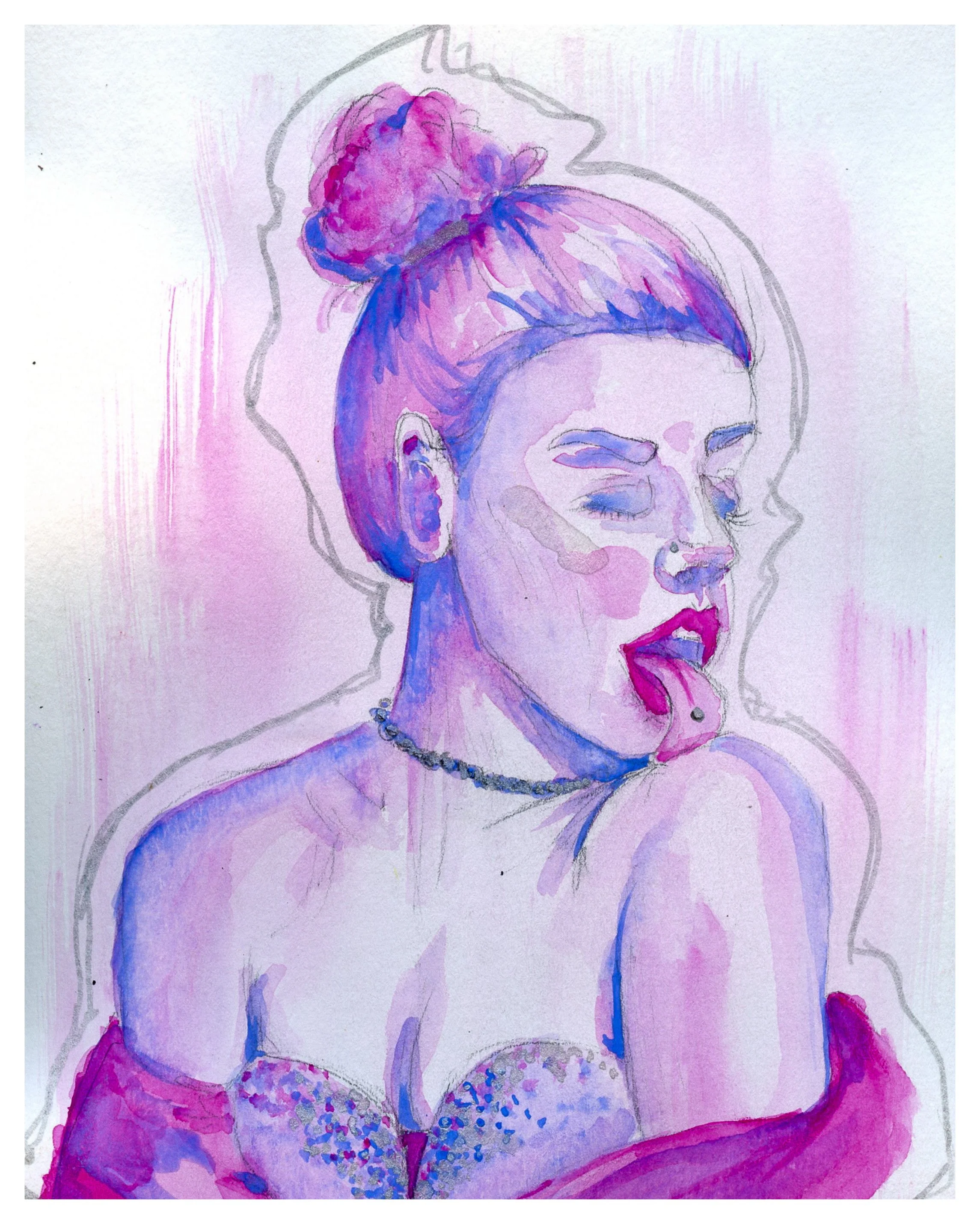 watercolor painting of girl licking her shoulder