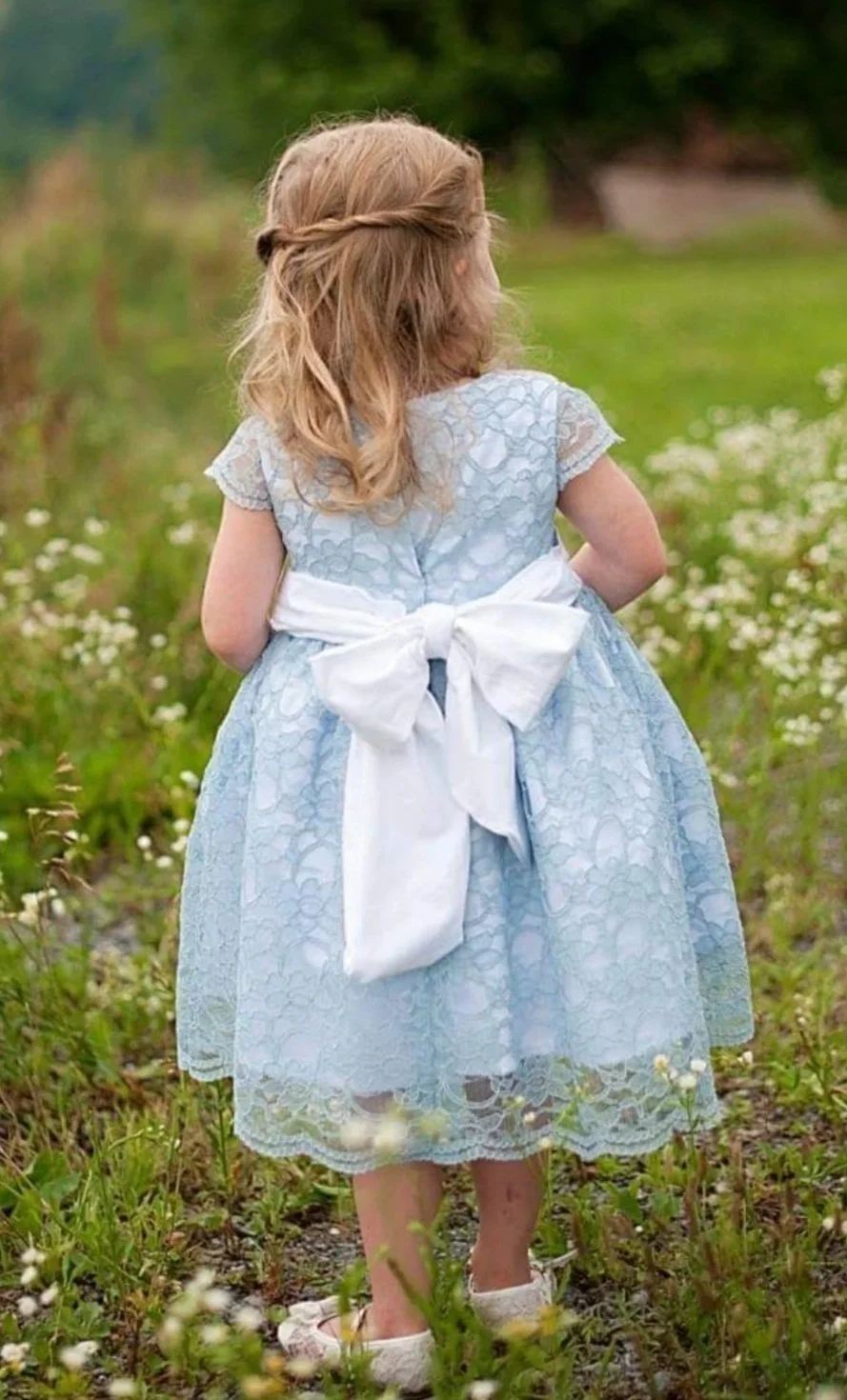 A young girl in a light blue lace dress with a large white bow on her back, standing in a grassy field with small white flowers, facing away from the camera.