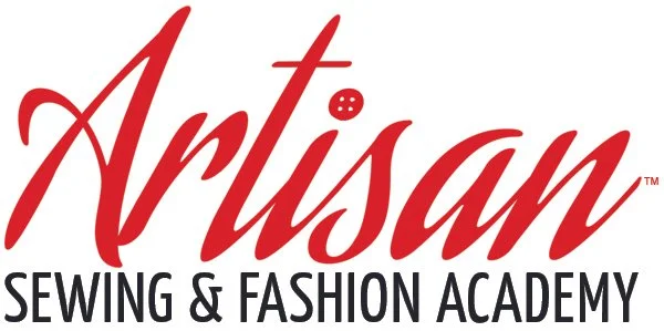 Red, black and white text logo. Artisan Sewing and Fashion Academy