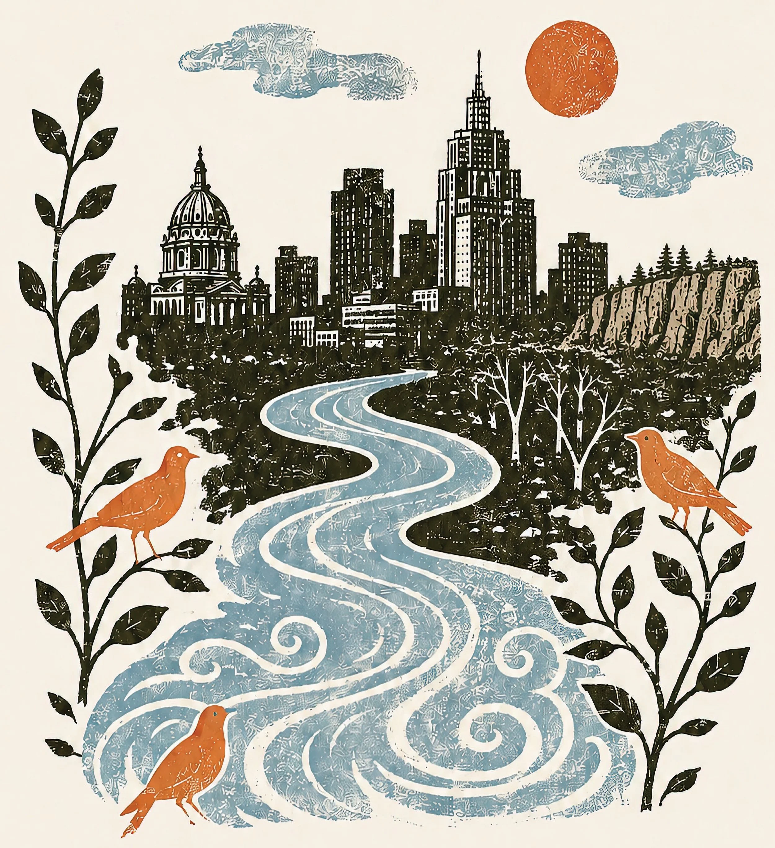 Stylized city skyline with tall buildings, a dome, and trees in the foreground. Orange birds perched on branches and a winding river running through the scene. An orange sun in the sky, with blue clouds.