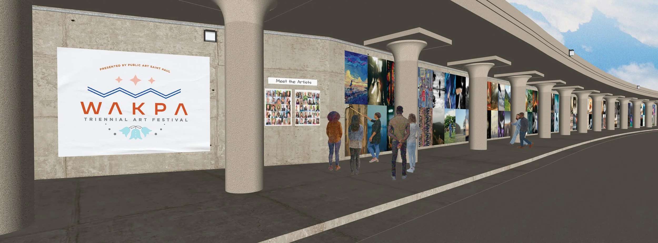An outdoor art gallery under a raised highway with pillars, featuring various colorful artworks and a group of people viewing the art.