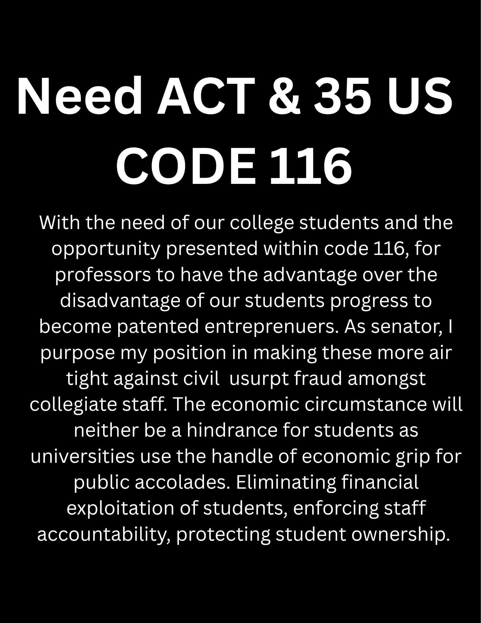 Text on a black background urging people to take action with ACT & 35 US code 116, discussing the importance of protecting rights, fighting fraud, and safeguarding student interests.