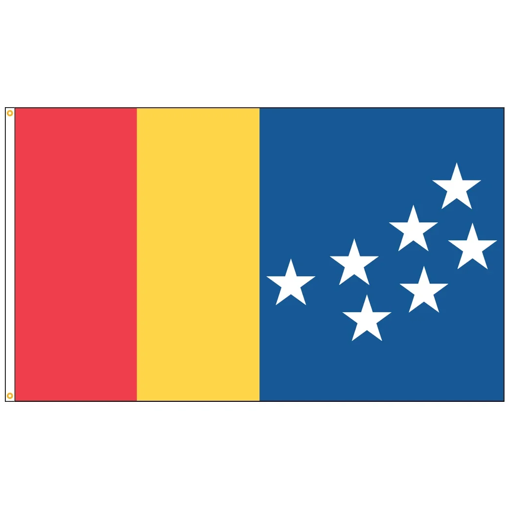 Flag combining the national flag of Belgium with the state flag of Alaska, USA, featuring a vertical red, yellow, and blue stripe with a blue canton and white stars arranged in a pattern.
