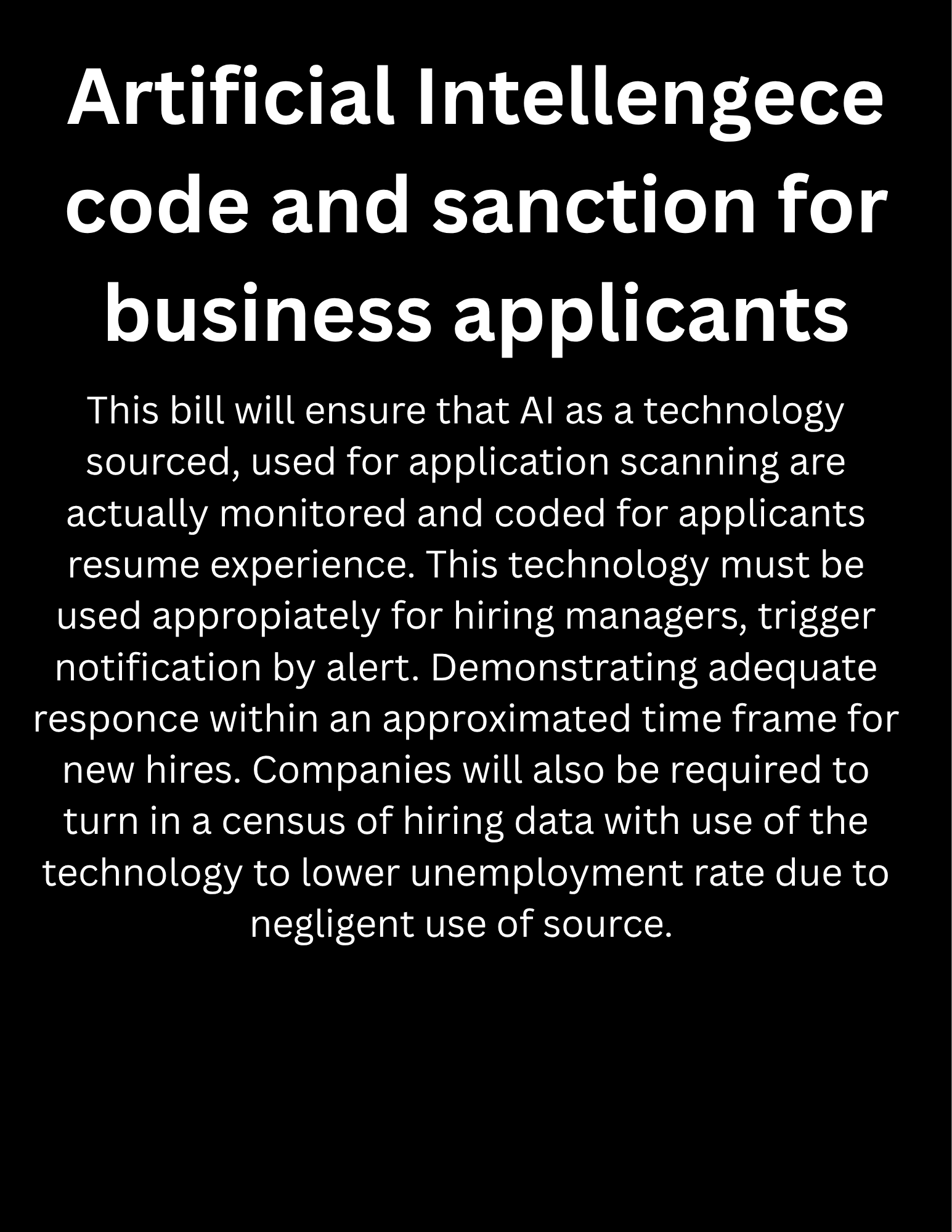 Text on a black background discussing artificial intelligence, code, and sanctions for business applicants.
