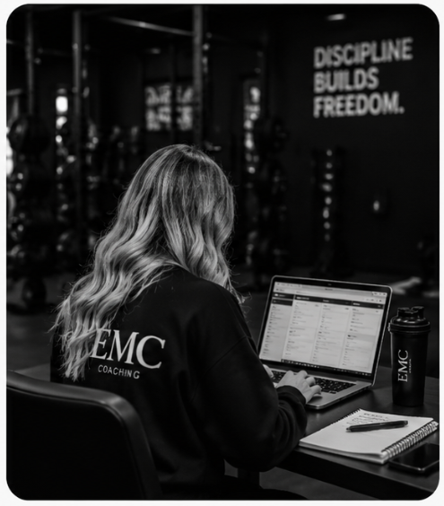 Erin Moore creating personalised online training programs and reviewing client progress through Erin Moore Coaching.