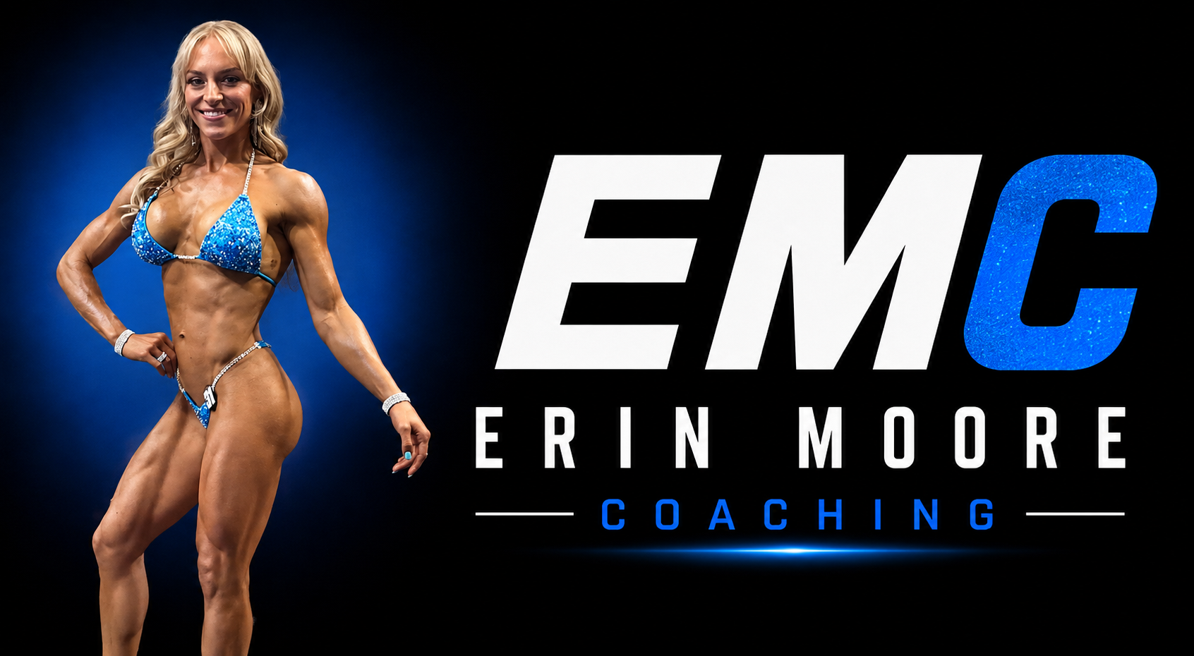 Erin Moore, personal trainer and online fitness coach in Perth, competing in bikini bodybuilding alongside the Erin Moore Coaching logo.