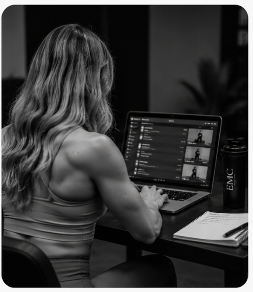 Erin Moore reviewing client progress and building personalised online training programs through Erin Moore Coaching.