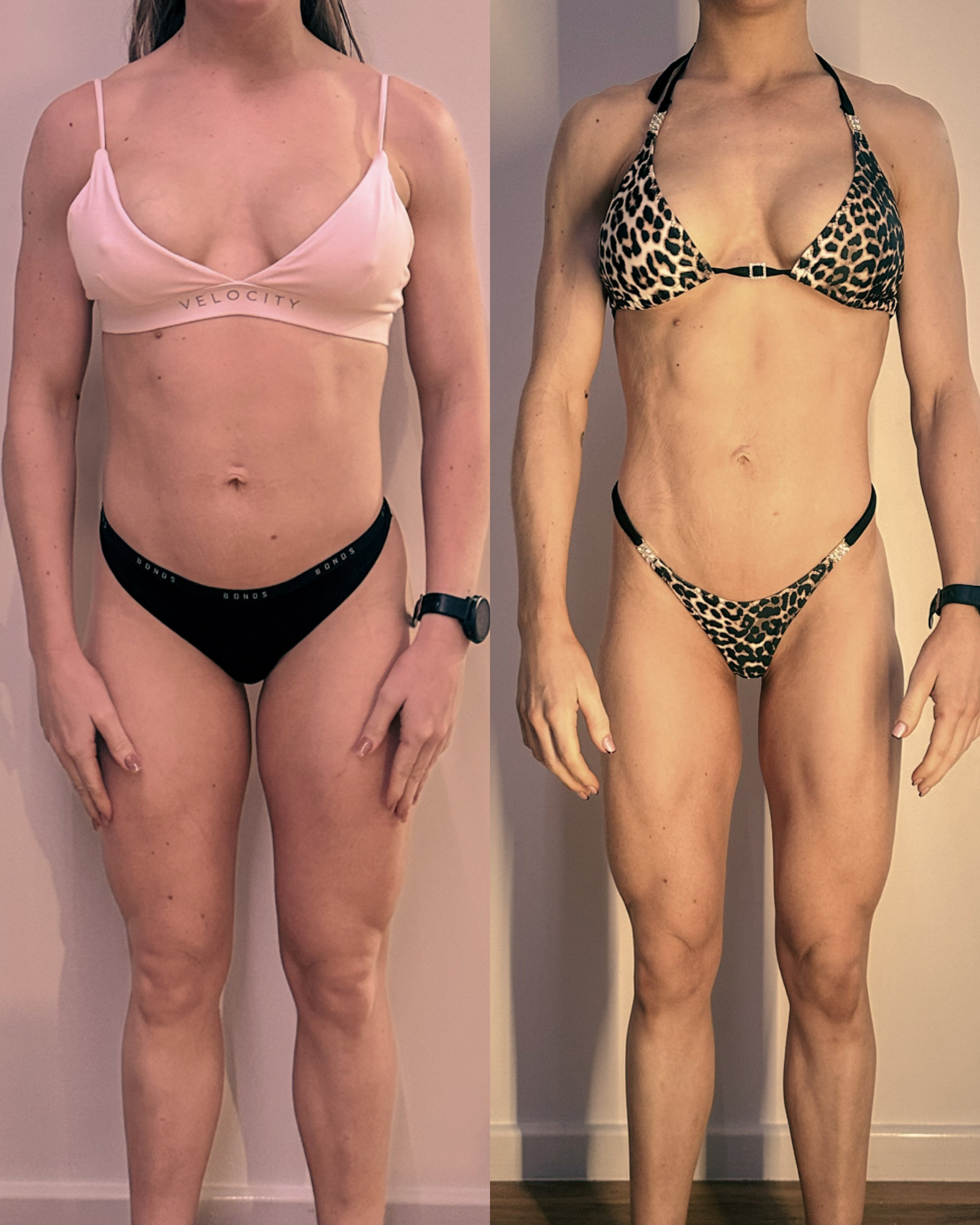 Female physique transformation showing progress achieved through structured training, nutrition and consistency.