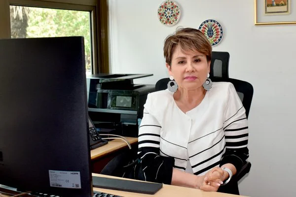 Mujer sentada en una oficina con decoraciones en la pared y una computadora en un escritorio.