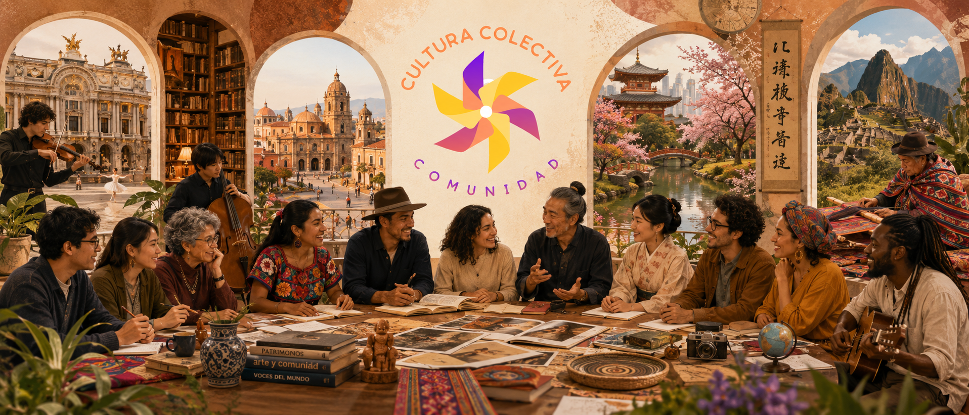 Grupo de personas diversas en una mesa gigante con libros y objetos culturales, en un fondo con escenarios internacionales y naturaleza, promoviendo la cultura comunitaria.