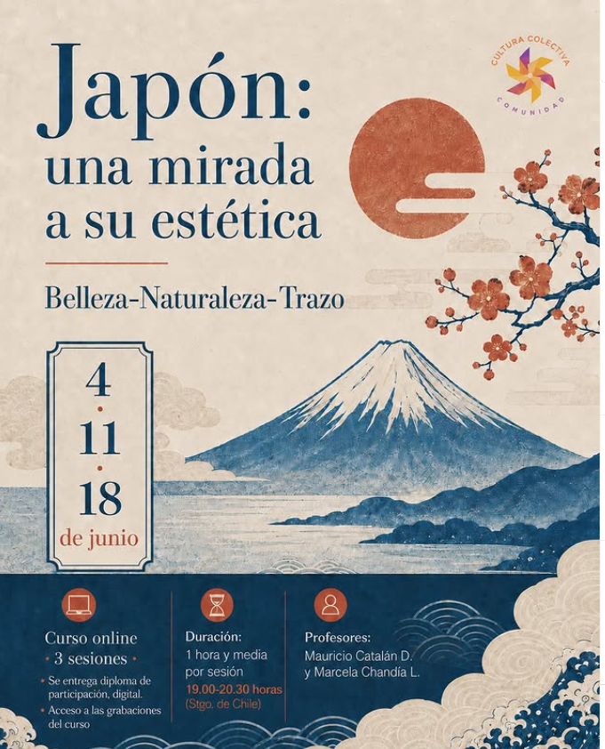 Anuncio de un curso online titulado 'Japón: una mirada a su estética', con fechas del 4, 11 y 18 de junio. Incluye información sobre duración, profesores, y elementos visuales inspirados en Japón, como el Monte Fuji, cerezos en flor, y el sol naciente.
