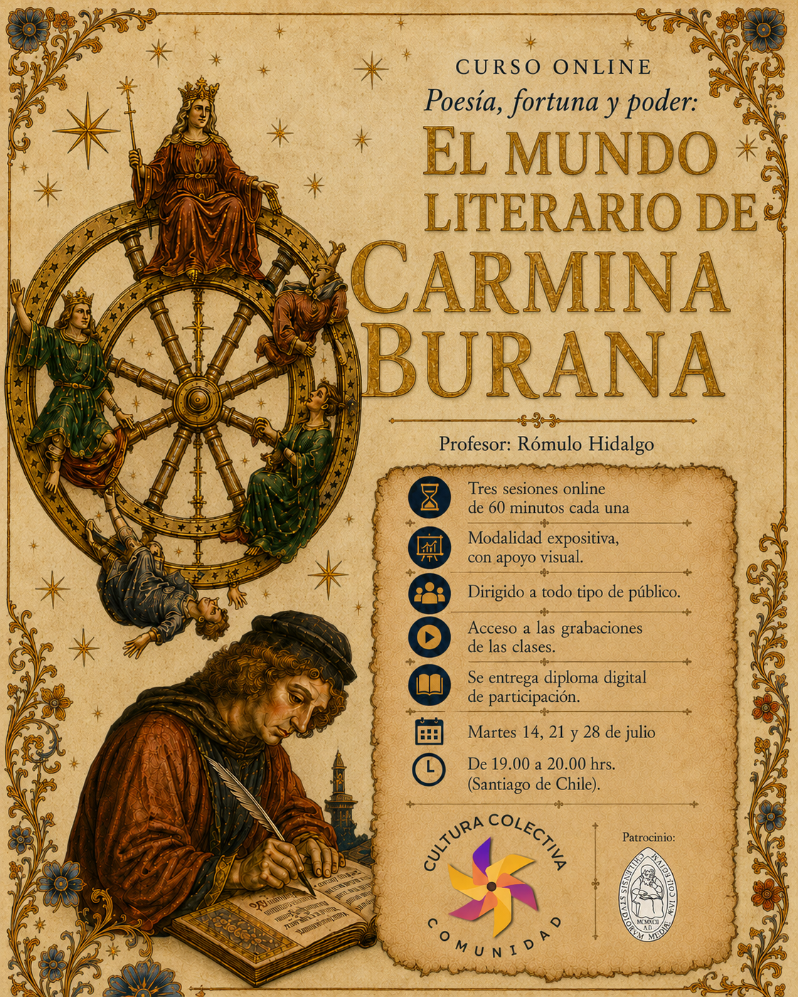 Publicidad del curso en línea sobre el mundo literario de Carmina Burana, con ilustraciones religiosas y un poeta escribiendo en un libro.