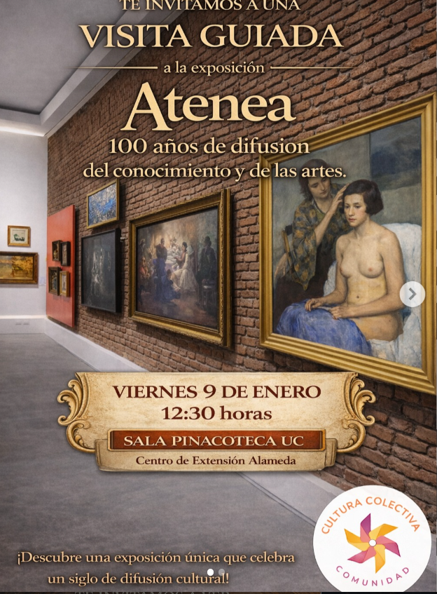 Cartel de invitación a una visita guiada en una exposición de arte en Atenea, con obras enmarcadas en una pared de ladrillos. Incluye detalles del evento y un logotipo de cultura colectiva comunidad en la esquina inferior derecha.