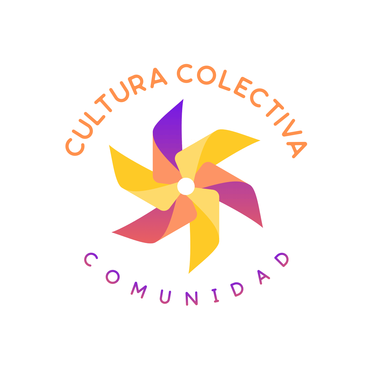 Logotipo de la Cultura Colectiva Comunidad, con un molino de viento colorido en el centro y texto en arco arriba y abajo.