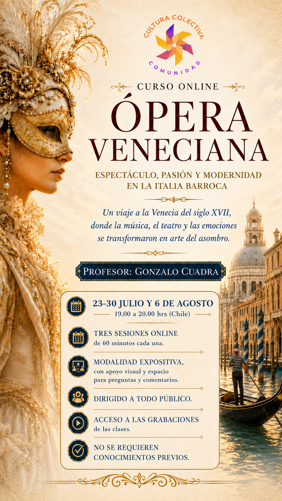 Póster promocional para un curso en línea sobre la ópera veneciana, con una mujer con máscara y vestimenta barroca en primer plano y una vista de Venecia con góndola en el fondo.