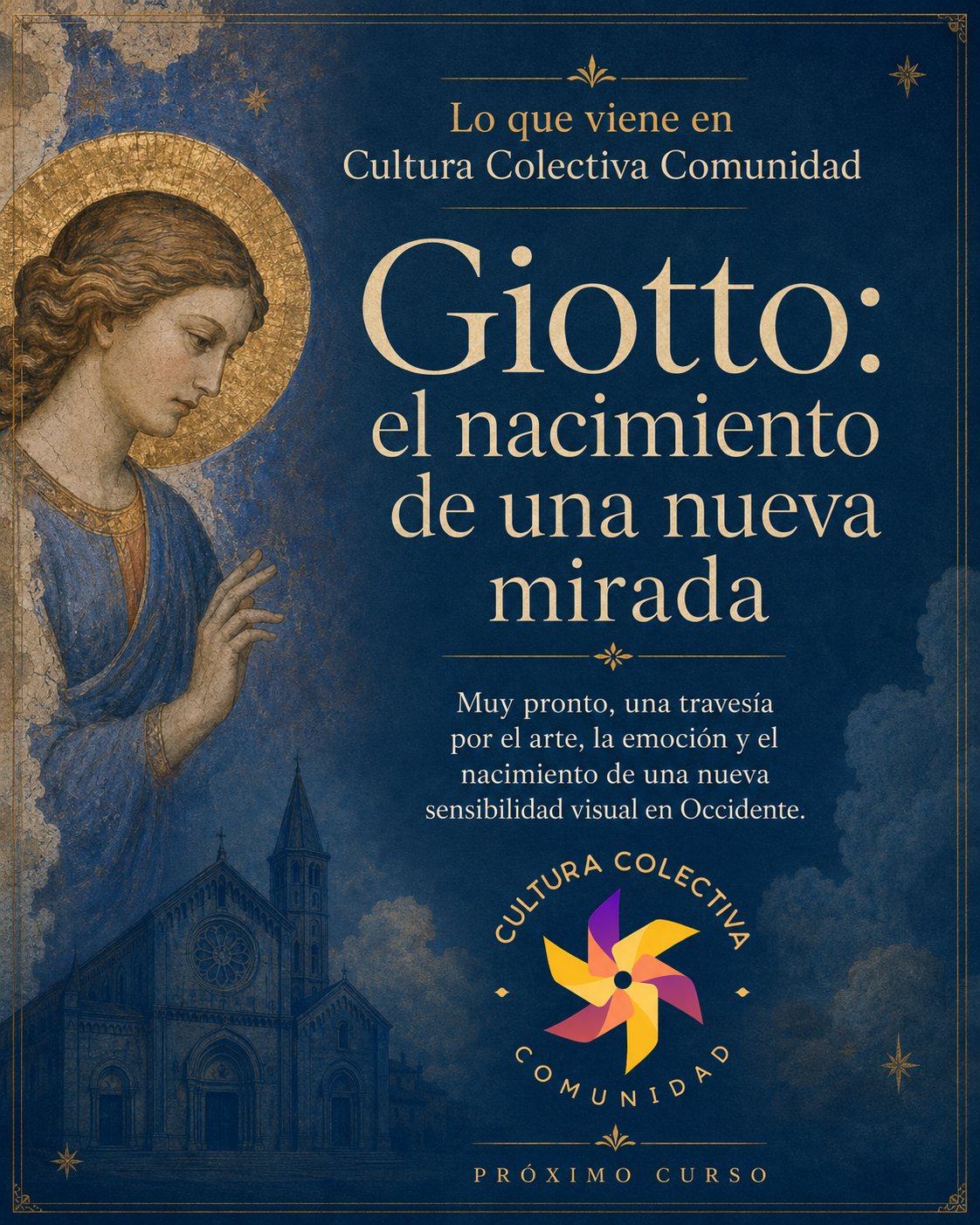 Una ilustración de una figura religiosa femenina con aureola dorada, un edificio de iglesia y un logotipo colorido. Texto en español sobre cultura y percepción visual.