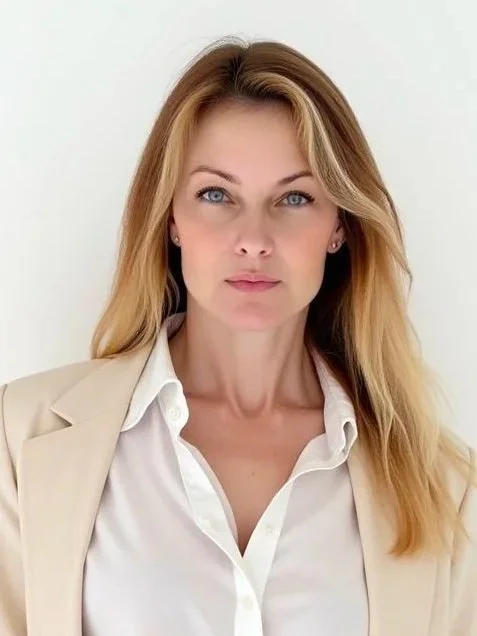 A woman with blonde hair and blue eyes wearing a white shirt and beige blazer looking at the camera.