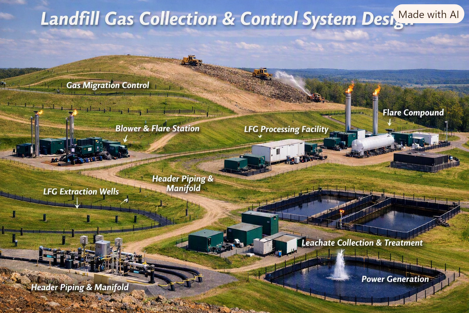 Aerial view of a landfill gas collection and control system with labeled sections, including flare compound with flares, LFG processing facility, leachate collection pond, power generation pond, header piping and manifold, LFG extraction wells, blower and flare station, and gas migration control on a hillside.