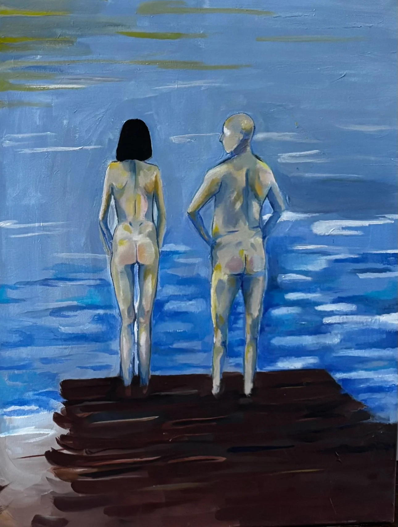 An acrylic painting of two naked people, a woman with black hair on the left and a bald man on the right, standing on a dock and looking out at a blue water body with clouds reflected on its surface.