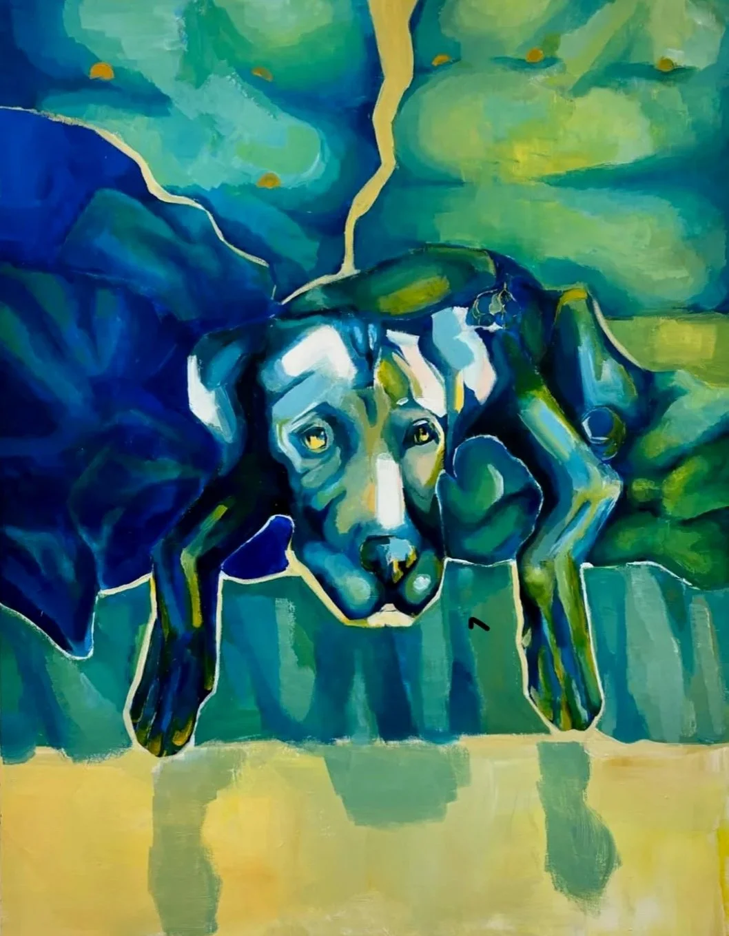 Abstract painting of a black and white dog with yellow eyes, resting its head on its paws, surrounded by blue, green, and yellow tones.