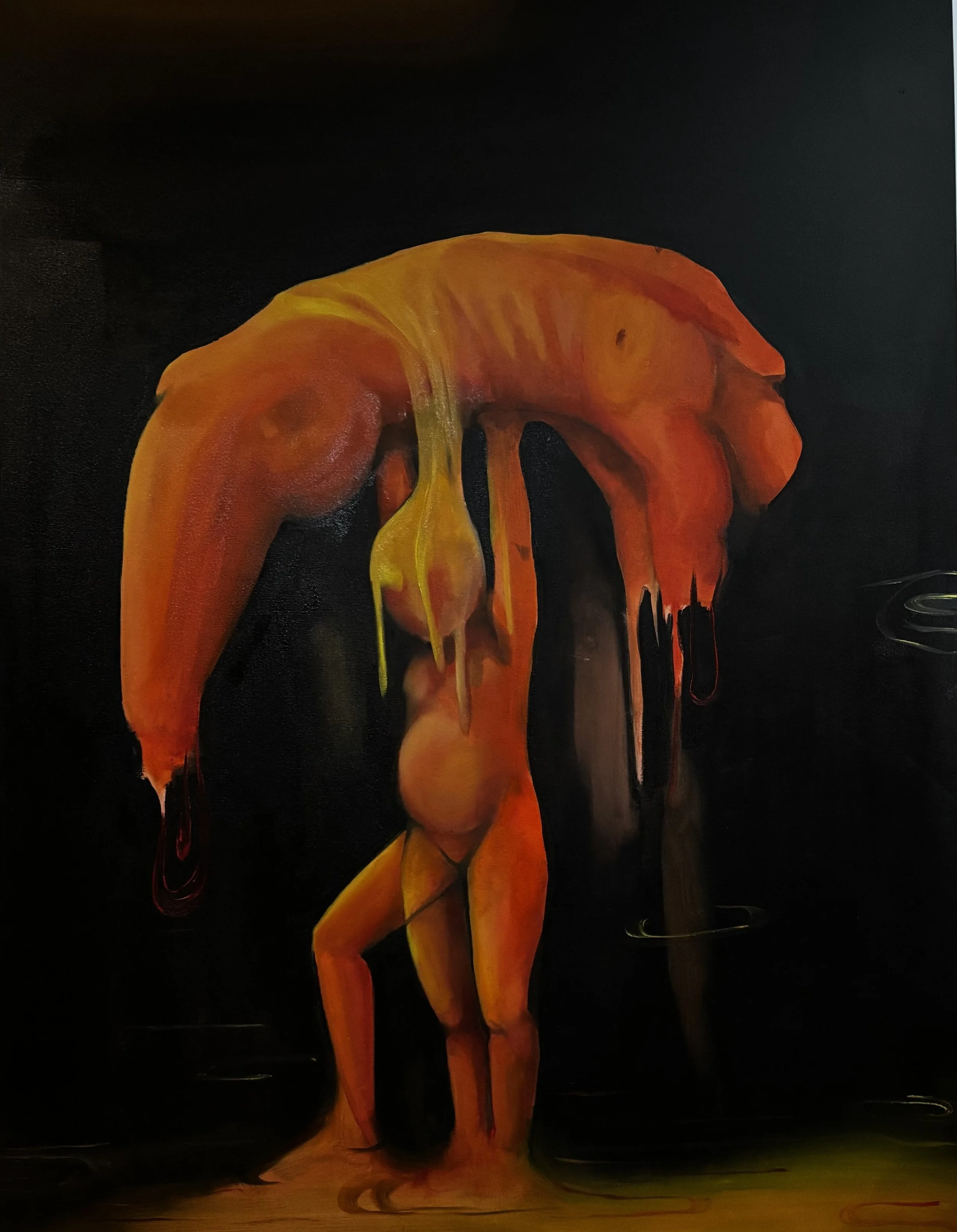 An abstract painting of a human figure in shades of orange, yellow, and red against a black background. The figure is standing, with one leg slightly bent and the other straight, and the head tilted downward.
