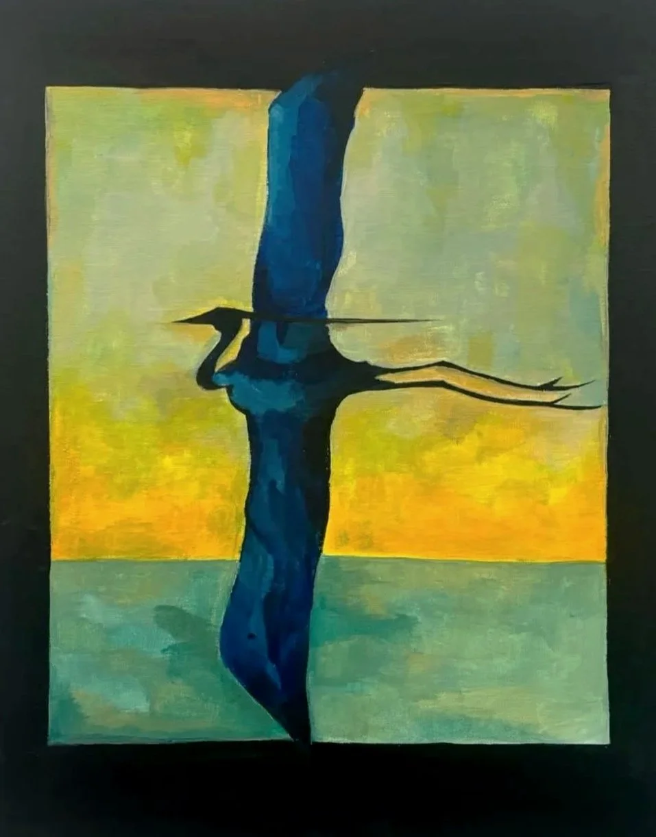 A painting of a heron standing in water with a colorful sunset in the background, shown upside down.