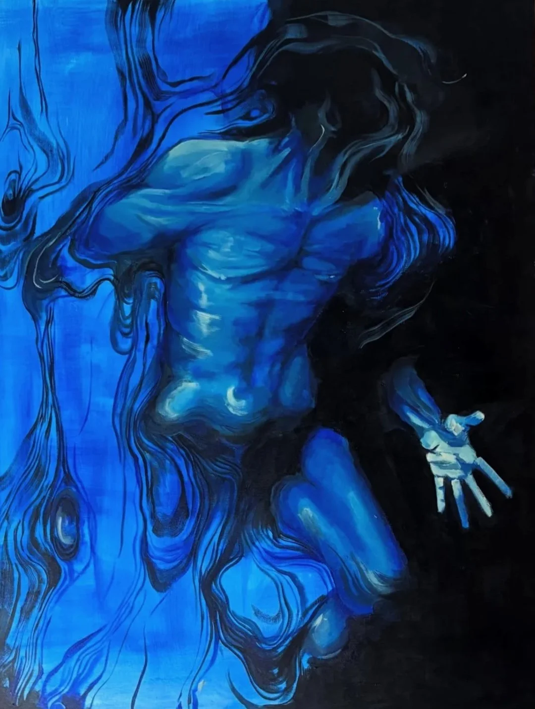 A blue-toned abstract painting of a human figure with long flowing hair, mostly in profile, against a dark background.