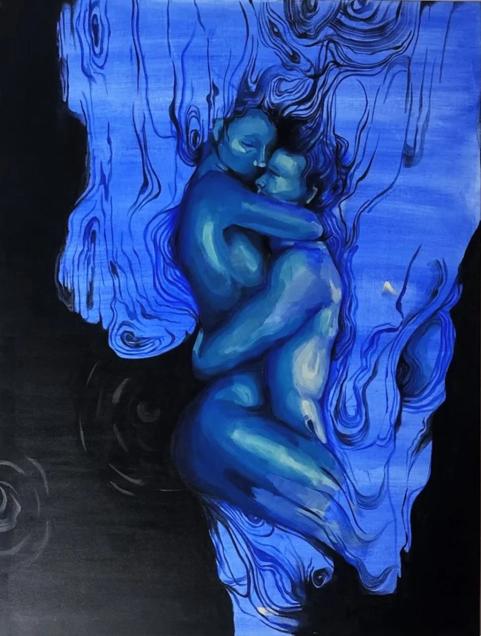 A painting of two blue-toned women embracing each other, lying amidst swirling blue lines resembling flowing water or hair, on a dark background.