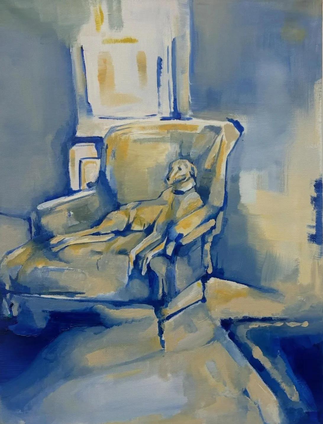 A painting of a dog lying on a cushioned armchair in a room with a window. The scene is depicted in blue and beige tones.