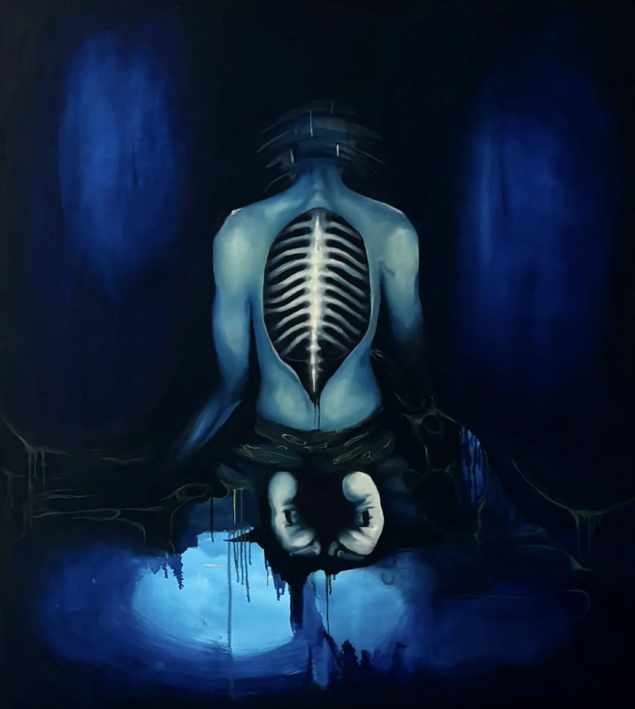 Dark, surreal artwork of a humanoid figure with an exposed ribcage and spine, upside down, with a face visible at the bottom, set against a blue and black background with abstract shapes and dripping paint.