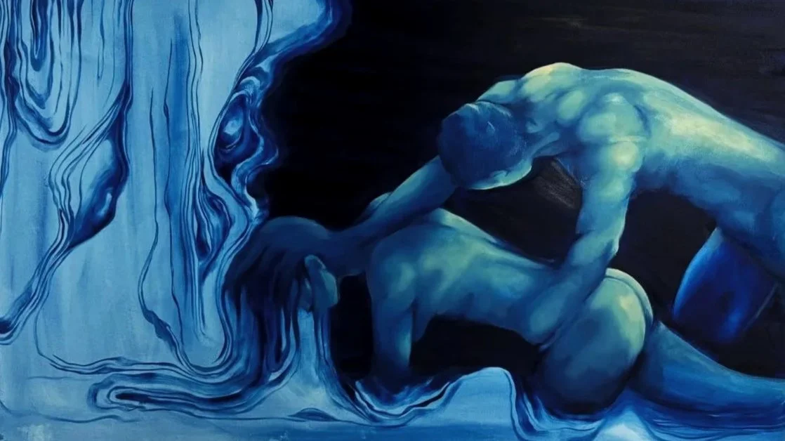 A surreal painting of two muscular men in a dark environment, with one man kneeling and the other leaning over him, near a flowing blue and black abstract form.