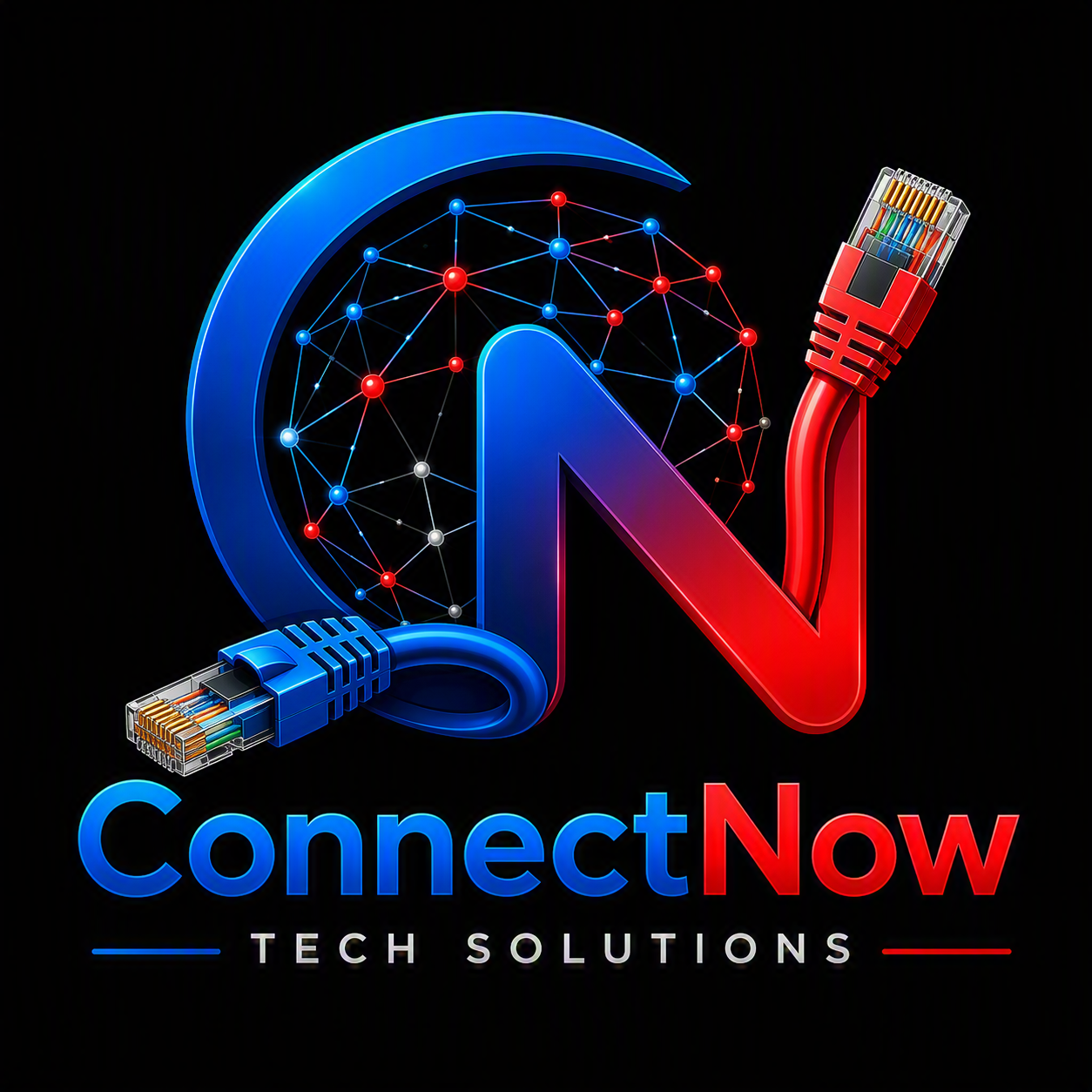 A logo for ConnectNow Tech Solutions featuring a stylized letter 'N' designed as an Ethernet cable on a black background. The cable connects to a network of nodes and lines in blue, red, and white. The company name is displayed below, with 'Connect' in blue and 'Now' in red, and the tagline 'Tech Solutions' beneath.