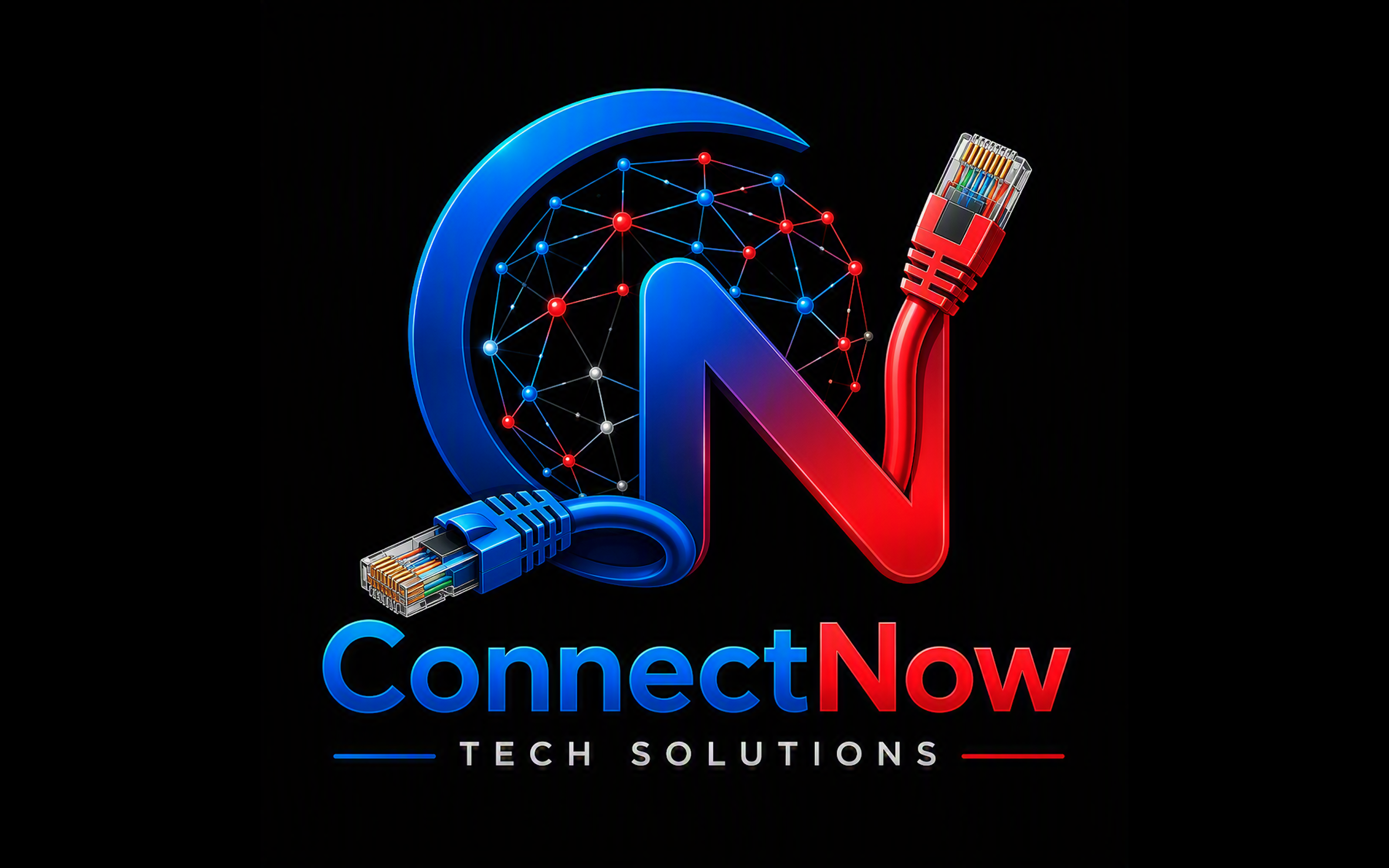 A logo featuring a blue and red interconnected network with a large 'N' in the center, a network cable with Ethernet connectors on both ends, and the text 'ConnectNow Tech Solutions' in blue and red.