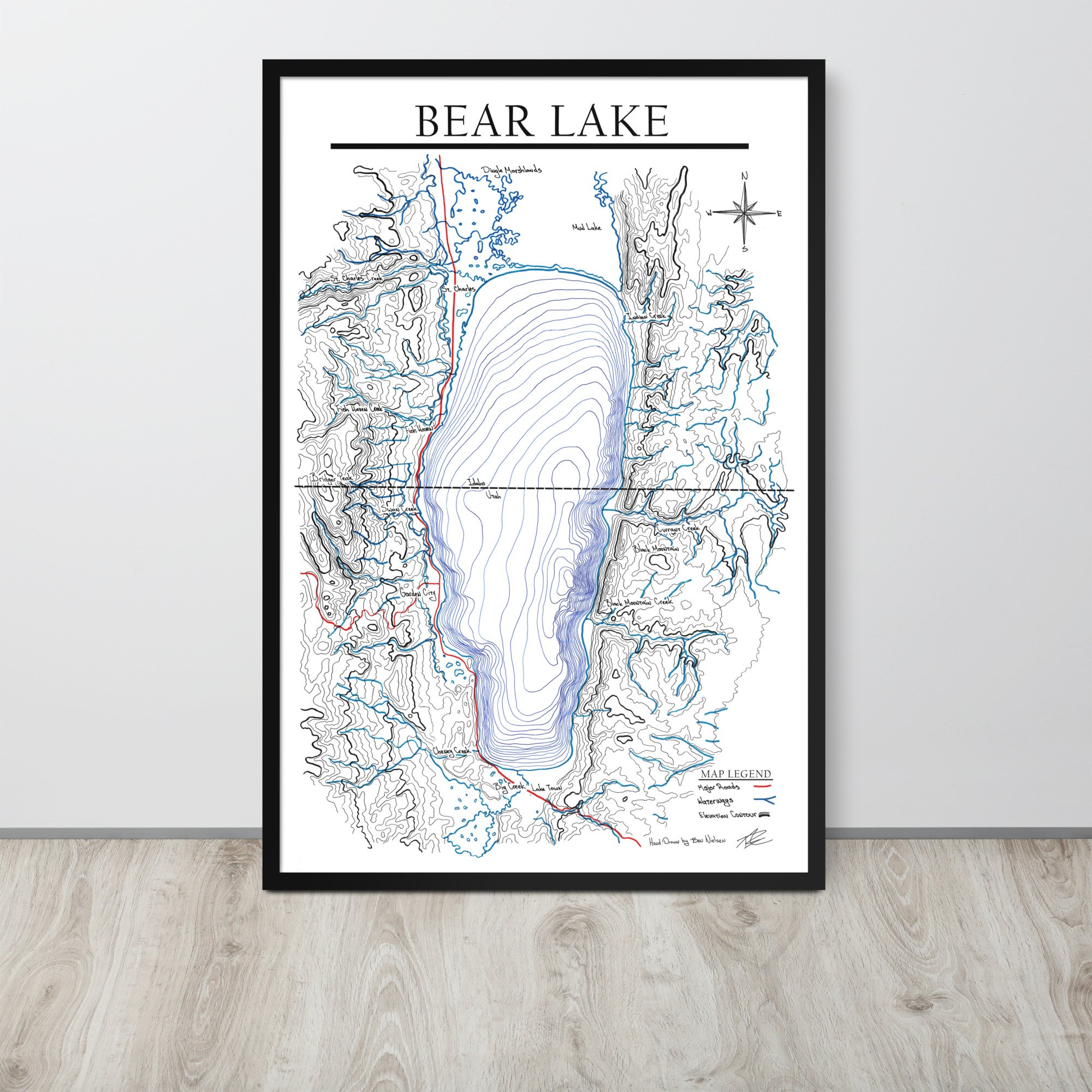 Bear Lake Hand Drawn Topographic Map - Framed poster