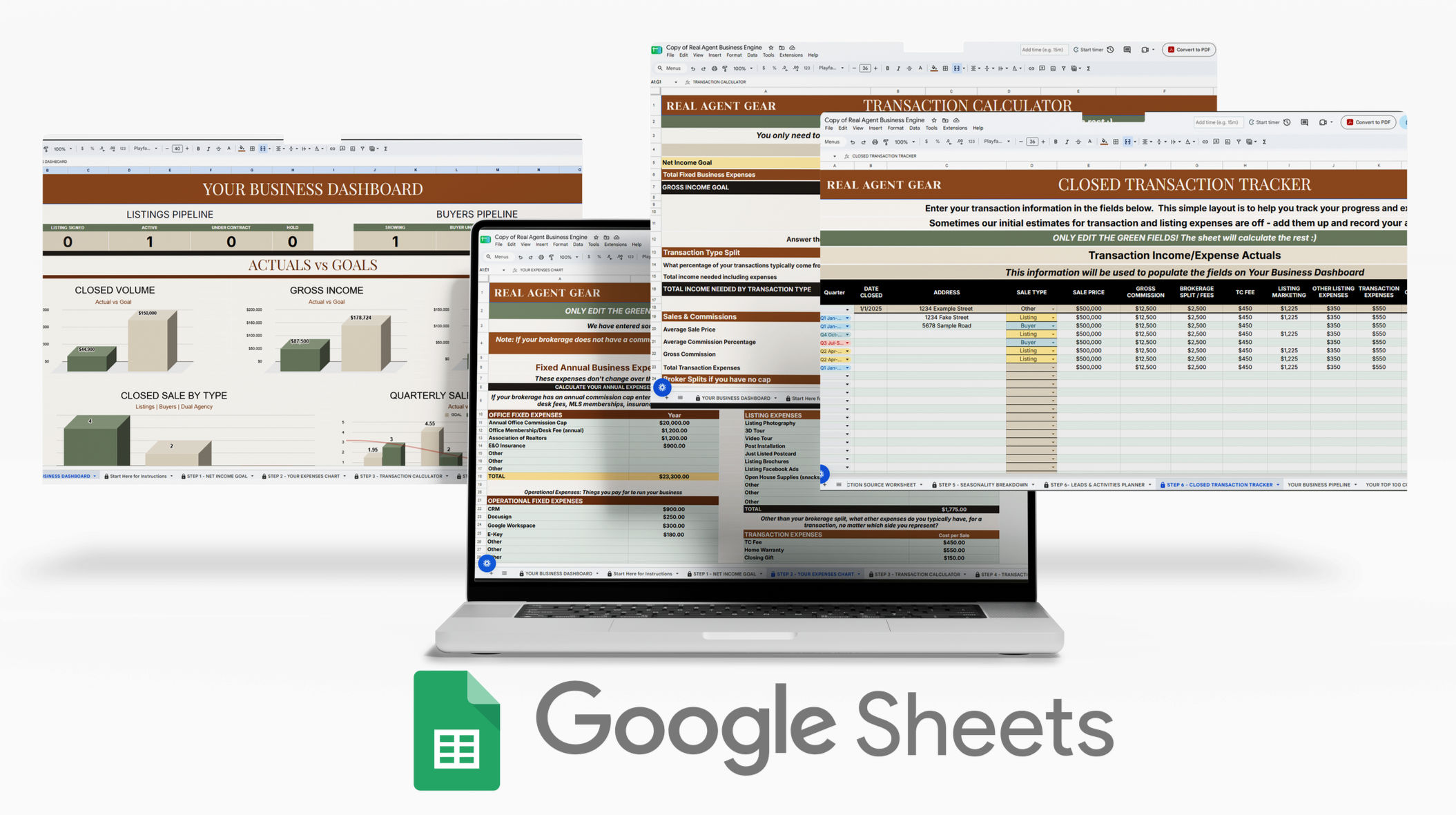 Screenshot of multiple Google Sheets documents related to real estate business, including dashboards for business tracking, expenses, and transaction management, displayed on a laptop screen.