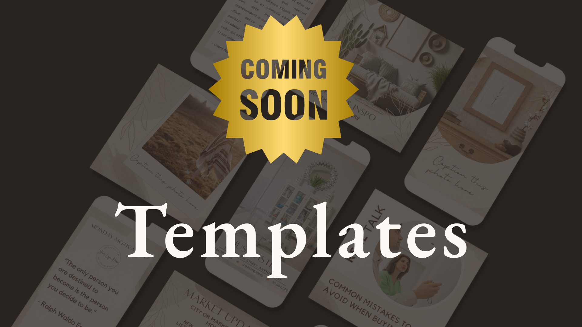 Dark background with several interior design and lifestyle mobile app templates displayed, overlaid with a gold badge that reads "COMING SOON" in bold black letters.